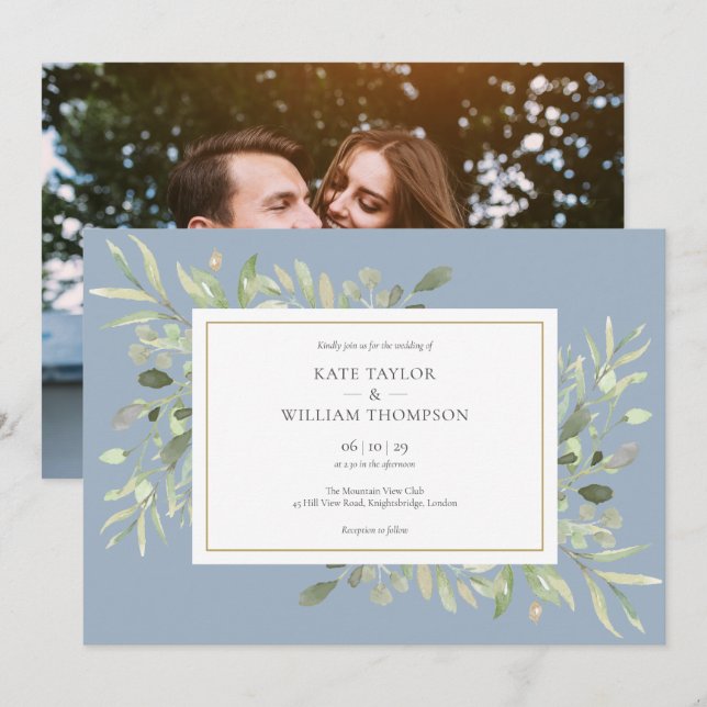 Elegant Dusty Blue Greenery Photo Wedding Invitation (Front/Back)