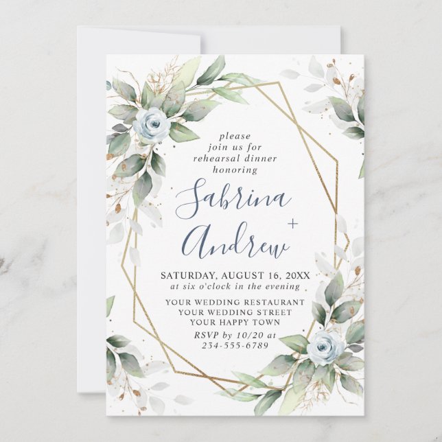 Elegant Dusty Blue  Greenery REHEARSAL DINNER Invitation (Front)