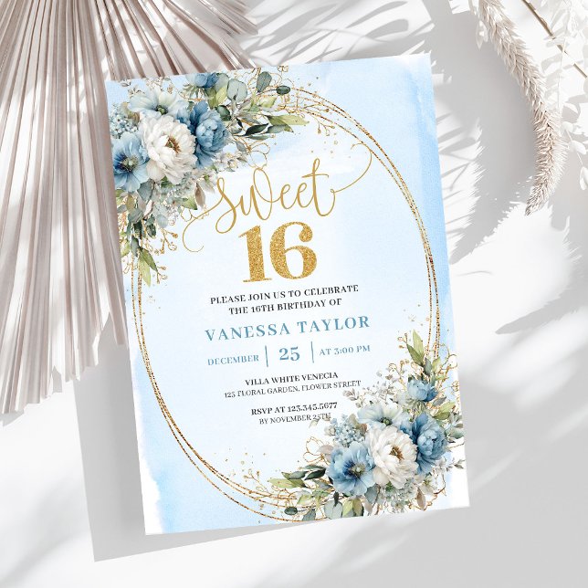 Elegant Dusty Blue Greenery Sweet 16th Birthday  Invitation (Elegant Dusty Blue Greenery Sweet 16th Birthday Invite)