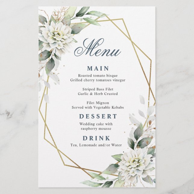 Elegant Dusty Blue Greenery Wedding Dinner Menu (Front)