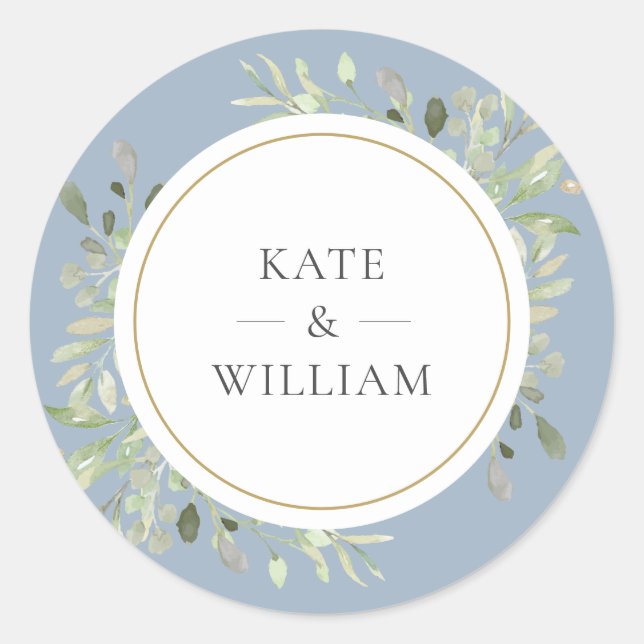 Elegant Dusty Blue Greenery Wedding Gold Favour  Classic Round Sticker (Front)