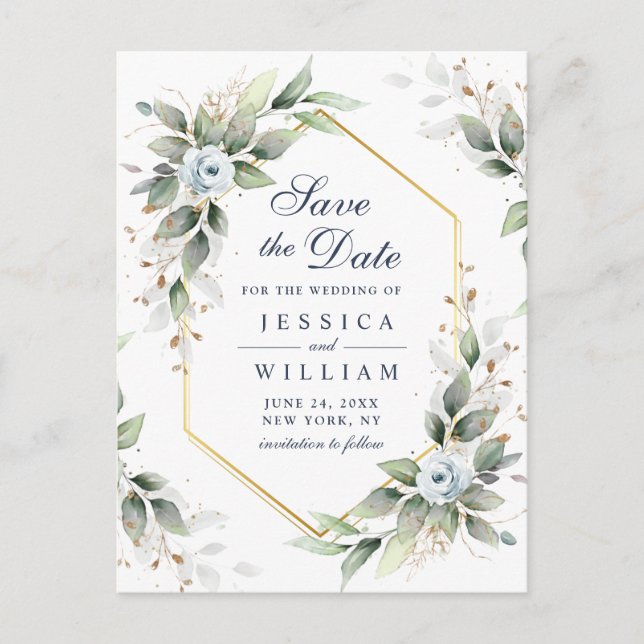 Elegant Dusty Blue  Greenery Wedding Save the Date Postcard (Front)