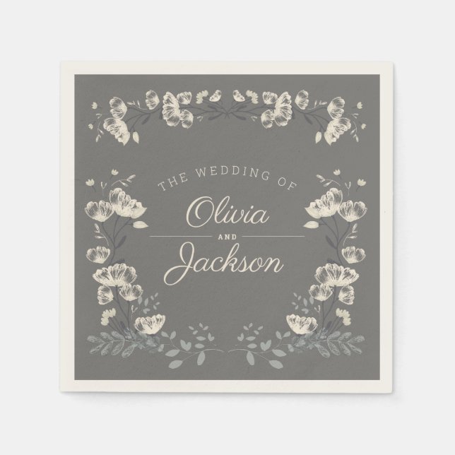 Elegant dusty blue grey and white floral wedding napkin (Front)