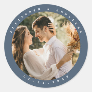 Elegant Dusty Blue Grey Couple Photo Wedding Favou Classic Round Sticker