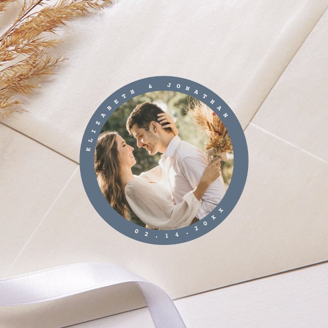 Elegant Dusty Blue Grey Couple Photo Wedding Favou Classic Round Sticker (Creator Uploaded)