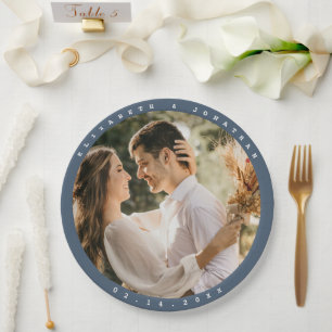 Elegant Dusty Blue Grey Couple Photo Wedding Paper Plate