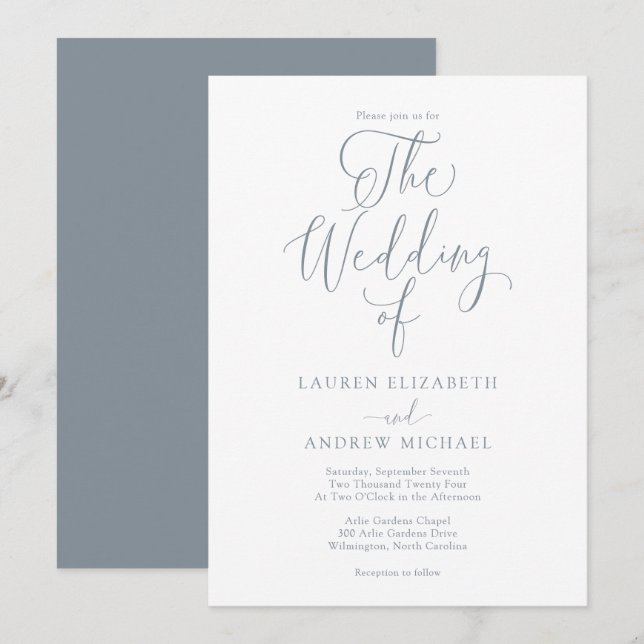 Elegant Dusty Blue Grey Minimalist Wedding Invitation (Front/Back)