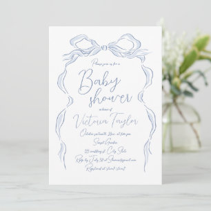 Elegant Dusty Blue Hand Drawn Bow Baby Shower Invitation
