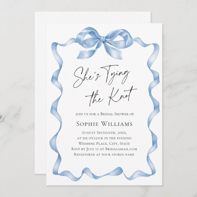 Elegant Dusty Blue Hand Drawn Bow Bridal Shower Invitation (Front/Back)