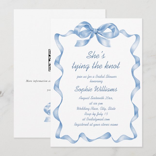 Elegant Dusty Blue Hand Drawn Bow Bridal Shower Invitation (Front/Back)