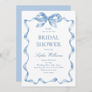 Elegant Dusty Blue Hand Drawn Bow Bridal Shower Invitation