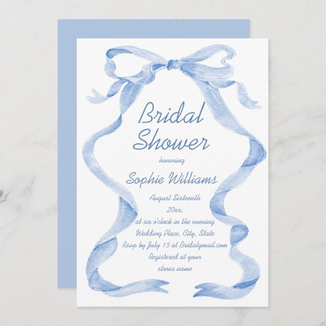 Elegant Dusty Blue Hand Drawn Bow Bridal Shower Invitation (Front/Back)