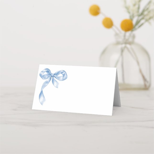 Elegant Dusty Blue Hand Drawn Bow Bridal Shower Place Card (Front)