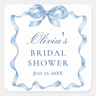 Elegant Dusty Blue Hand Drawn Bow Bridal Shower Square Sticker