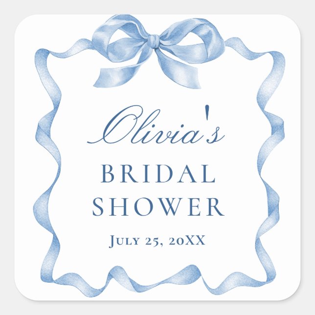 Elegant Dusty Blue Hand Drawn Bow Bridal Shower Square Sticker (Front)