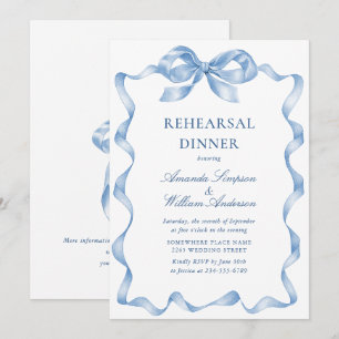Elegant Dusty Blue Hand Drawn Bow Rehearsal Dinner Invitation