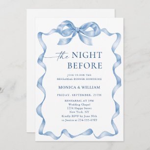 Elegant Dusty Blue Hand Drawn Bow Rehearsal Dinner Invitation