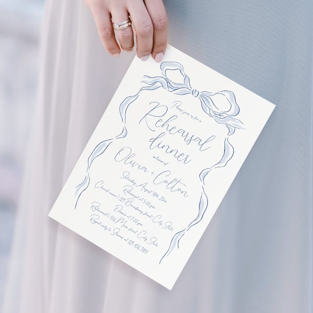 Elegant Dusty Blue Hand Drawn Bow Rehearsal Dinner Invitation (Elegant Dusty Blue Hand Drawn Bow Rehearsal Dinner Invitation)