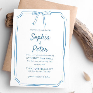 Elegant Dusty Blue Hand-Drawn Bow Timeless Wedding Invitation