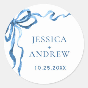 Elegant Dusty Blue Hand Drawn Bow Wedding Classic Round Sticker
