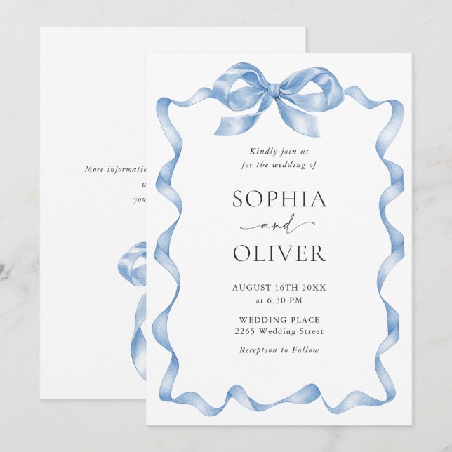 Elegant Dusty Blue Hand Drawn Bow Wedding Invitation (Front/Back)