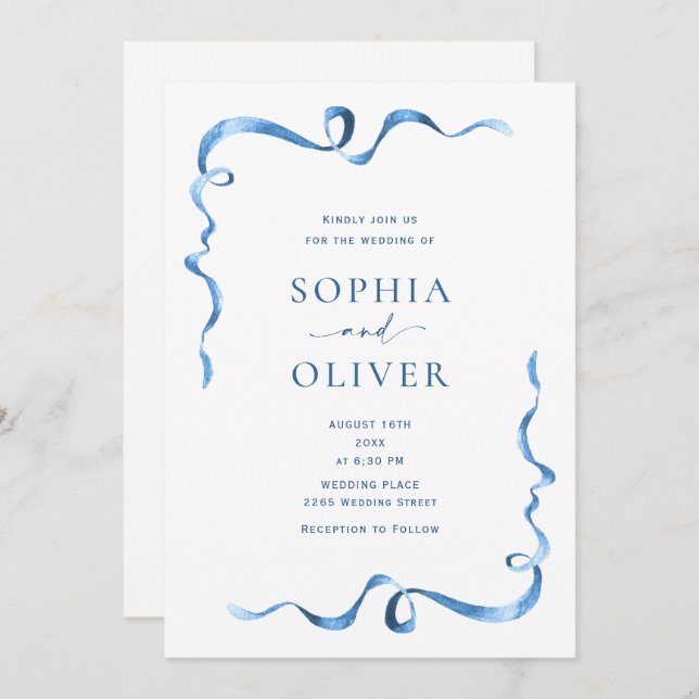 Elegant Dusty Blue Hand Drawn Bow Wedding Invitation (Front/Back)