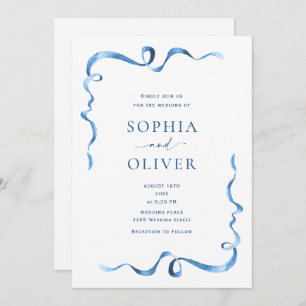 Elegant Dusty Blue Hand Drawn Bow Wedding Invitation