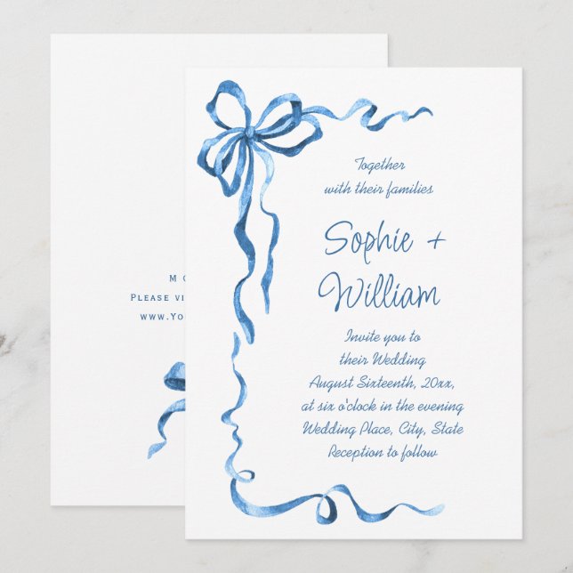 Elegant Dusty Blue Hand Drawn Bow Wedding Invitation (Front/Back)