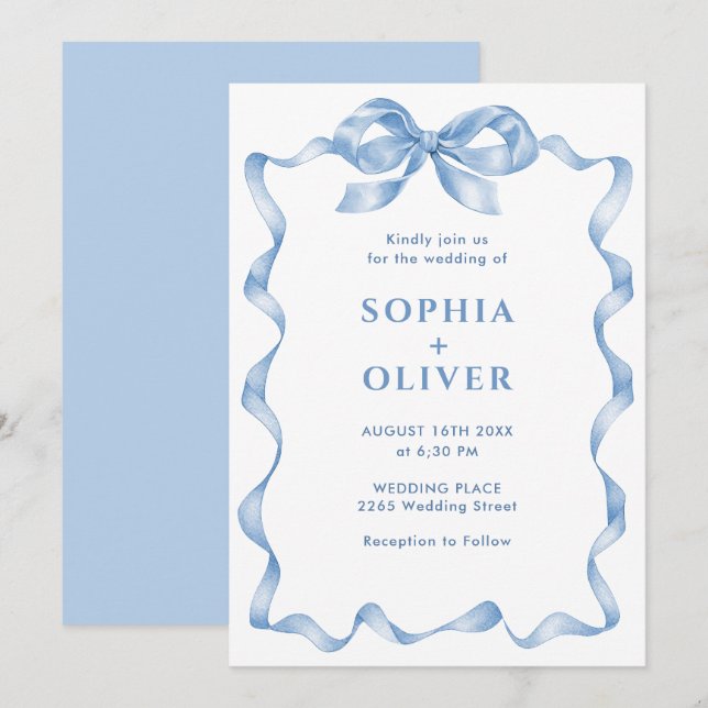 Elegant Dusty Blue Hand Drawn Bow Wedding Invitation (Front/Back)