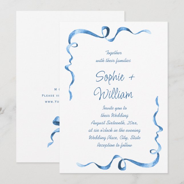 Elegant Dusty Blue Hand Drawn Bow Wedding Invitation (Front/Back)