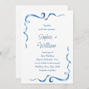 Elegant Dusty Blue Hand Drawn Bow Wedding Invitation