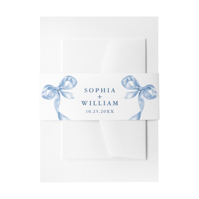 Elegant Dusty Blue Hand Drawn Bow Wedding Invitation Belly Band (Front Example)