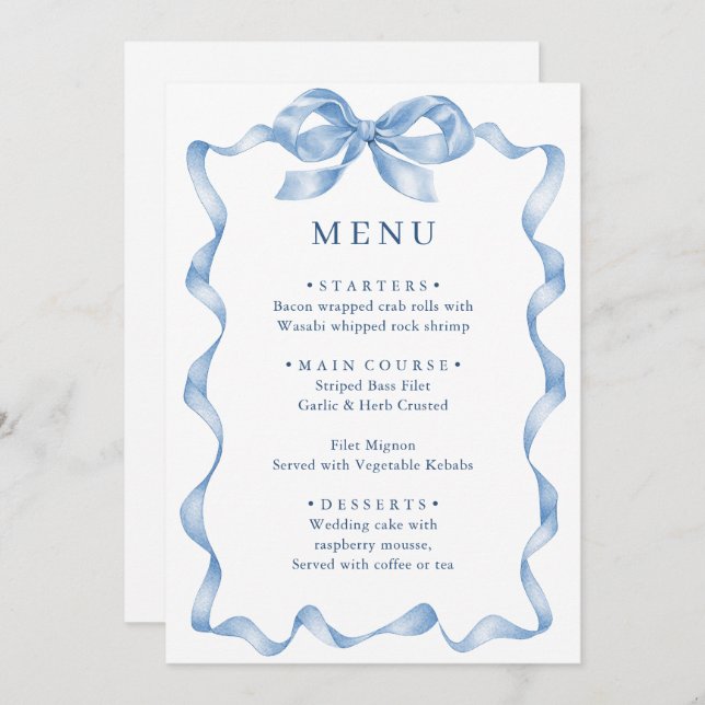 Elegant Dusty Blue Hand Drawn Bow Wedding Menu (Front/Back)