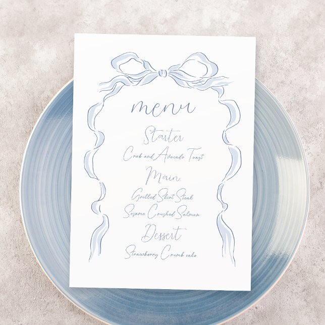 Elegant Dusty Blue Hand Drawn Bow Wedding Menu (Elegant Dusty Blue Hand Drawn Bow Wedding Menu)