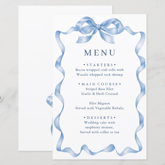 Elegant Dusty Blue Hand Drawn Bow Wedding Menu (Front/Back)