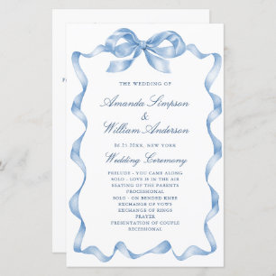 Elegant Dusty Blue Hand Drawn Bow Wedding Program