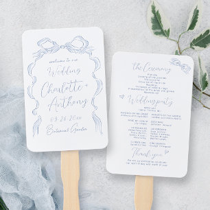 Elegant Dusty Blue Hand Drawn Bow Wedding Program Hand Fan