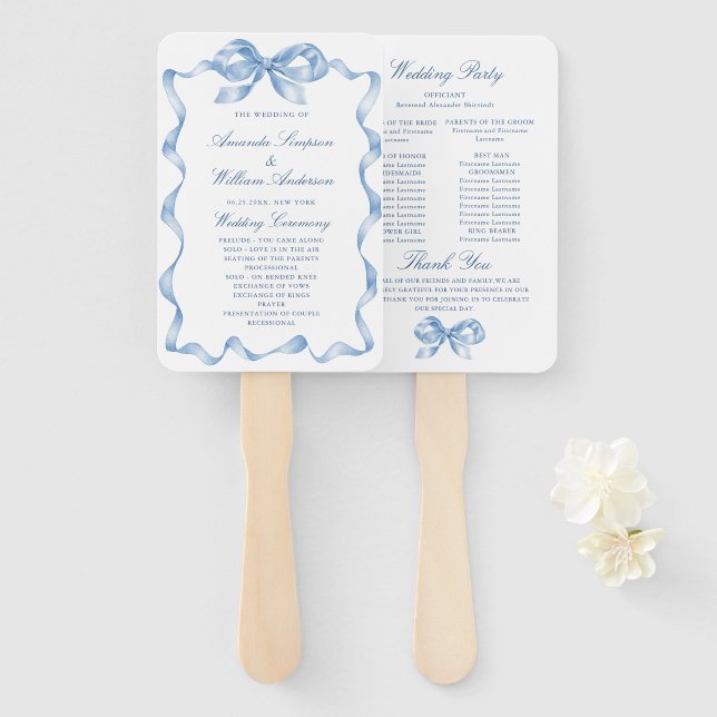 Elegant Dusty Blue Hand Drawn Bow Wedding Program Hand Fan (Front and Back)