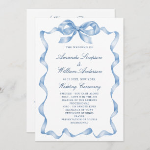 Elegant Dusty Blue Hand Drawn Bow Wedding Program Programme