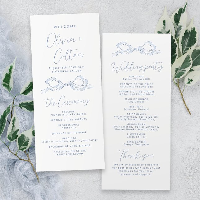 Elegant Dusty Blue Hand Drawn Bow Wedding Program Programme (Elegant Dusty Blue Hand Drawn Bow Wedding Program)