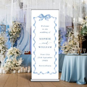 Elegant Dusty Blue Hand Drawn Bow Wedding Retractable Banner