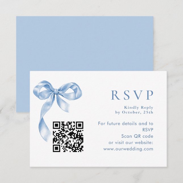 Elegant Dusty Blue Hand Drawn Bow Wedding RSVP Card (Front/Back)