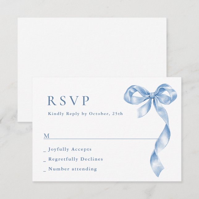 Elegant Dusty Blue Hand Drawn Bow Wedding RSVP Card (Front/Back)