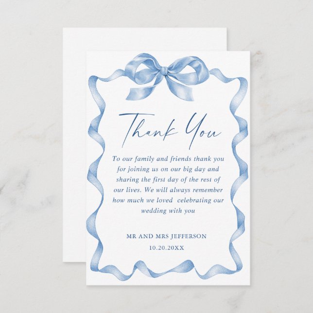 Elegant Dusty Blue Hand Drawn Bow Wedding Thank You Card (Front/Back)