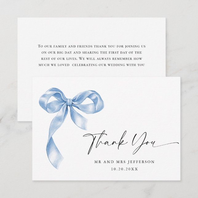 Elegant Dusty Blue Hand Drawn Bow Wedding Thank You Card (Front/Back)