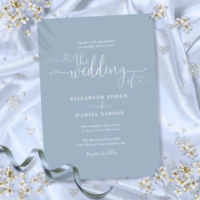 Elegant Dusty Blue Hearts Calligraphy Wedding Invitation (Elegant Dusty Blue Hearts Calligraphy Wedding Invitation)