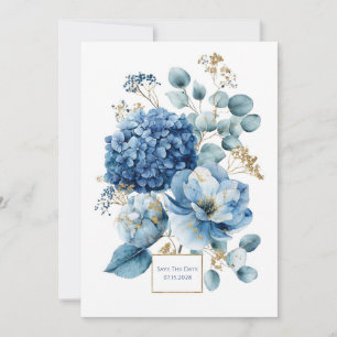 Elegant Dusty Blue Hydrangea Gold Glitter Invitation