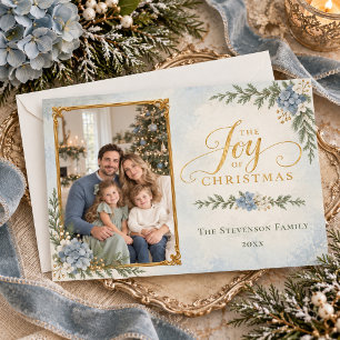 Elegant Dusty Blue Hydrangea Joy Christmas Photo Holiday Card
