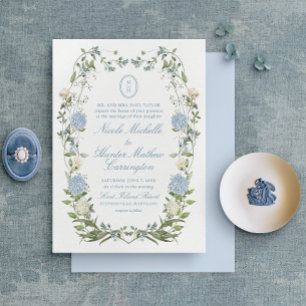 Elegant Dusty Blue Hydrangea Monogram Invitation