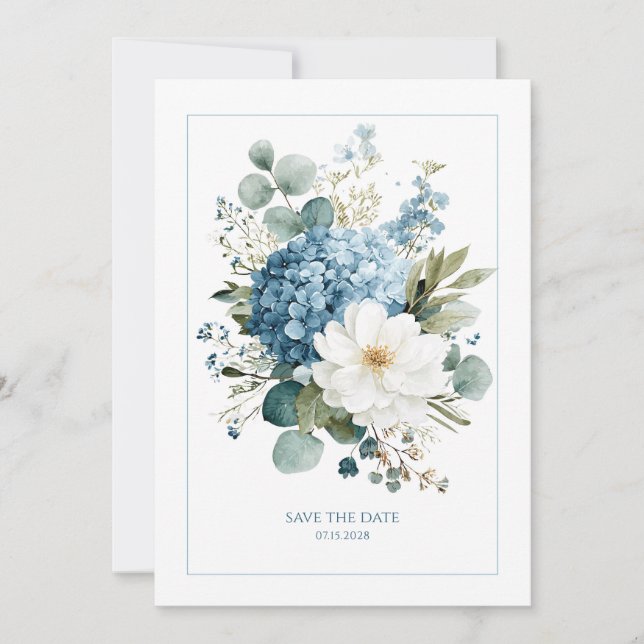 Elegant Dusty Blue Hydrangea White Anemone Invitation (Front)